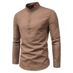 Emw men‘s Autumn Cotton Linen Long Sleeve polo stand collar polo shirt
