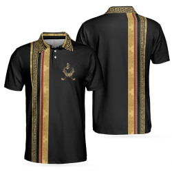 Golf Crusader King Luxury Baroque Pattern Golf Polo Shirt, Elegant Black Golfing Polo Shirt, Best Golf Shirt For Men