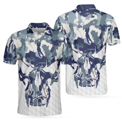 Blue And White Camouflage Golf Set Short Sleeve Skull Golf Polo Shirt, Best Camo Golf Shirt For Men